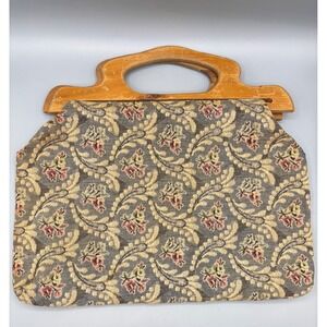 Vintage Tapestry Handbag Floral Woven Bag with Carved Wooden Handle Retro Blue